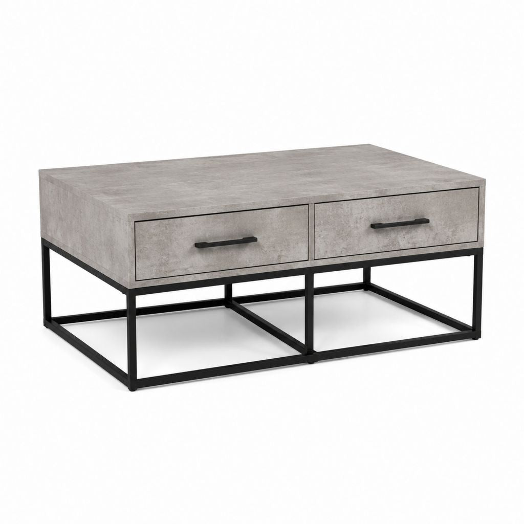 Rechteckiger Couchtisch Betonoptik MDF Schwarz Stahl 100 x 60 x 45 cm mit 2 Schubladen