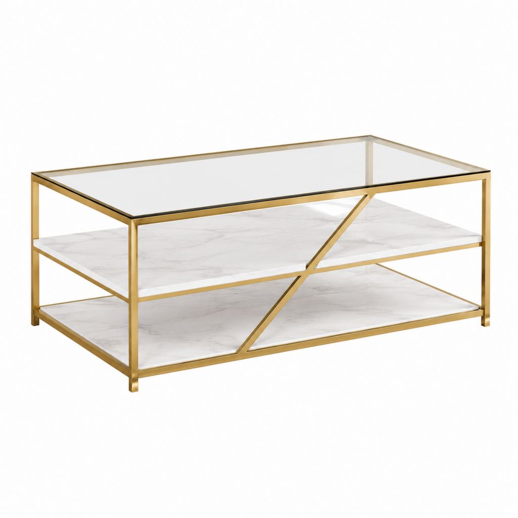 Couchtisch rechteckig Gold mit Glasplatte und Marmoroptik 100 x 60 x 45 cm
