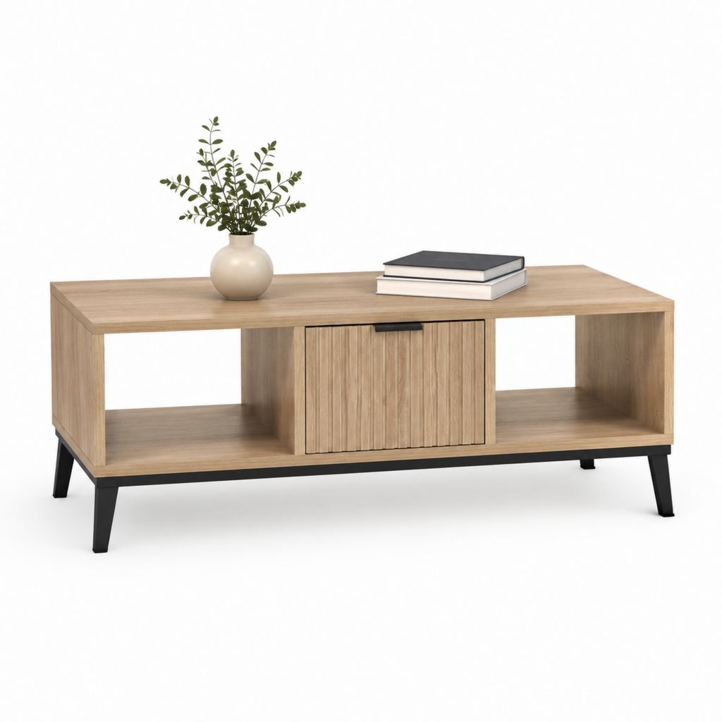 Couchtisch Eichenoptik mit Schiebetüren und offenen Fächern 120 x 40 x 50 cm