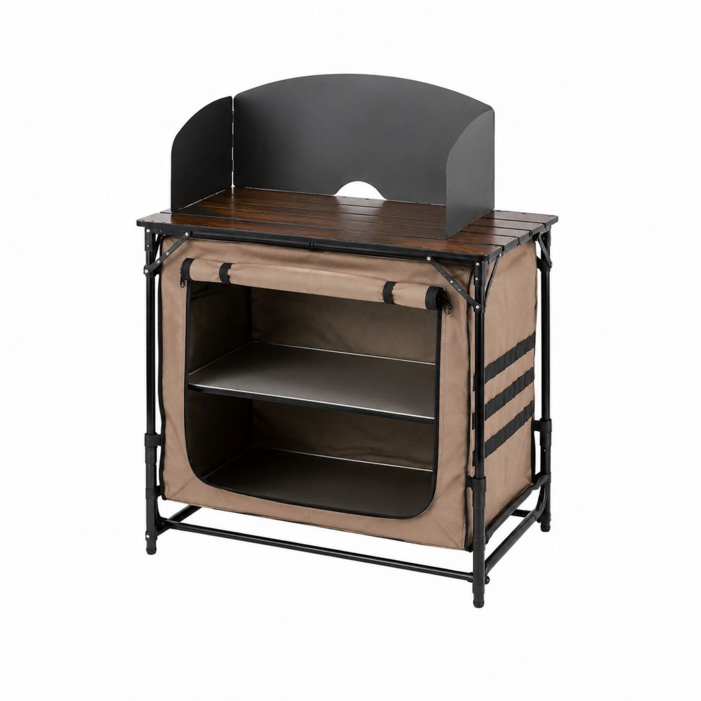 Campingküche Klapptisch Braun Schwarz mit Aluminiumplatte Polyester-Schrank und Windschutz 100 x 50 x 110 cm