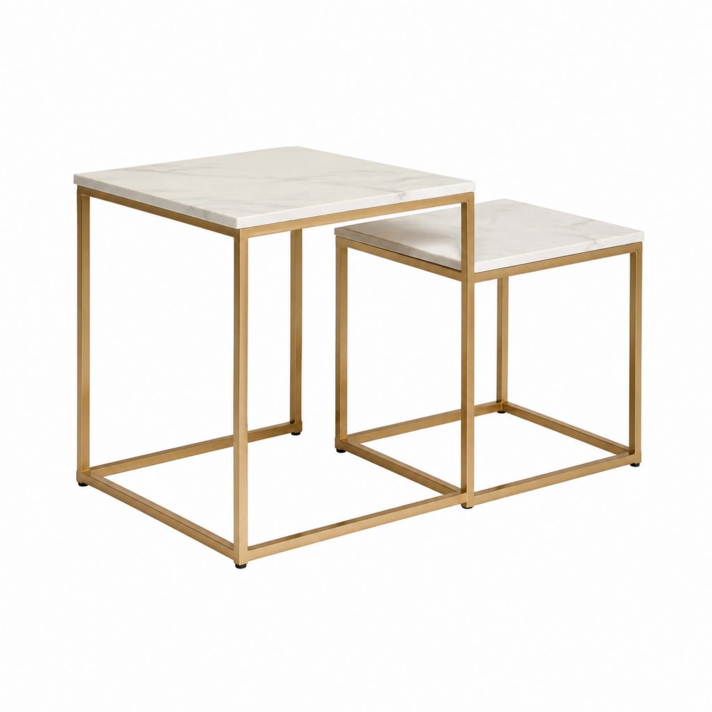 Couchtisch Set 2-teilig Weiß Gold Keramik Stahl quadratisch 70 x 70 x 50 cm und 60 x 60 x 45 cm