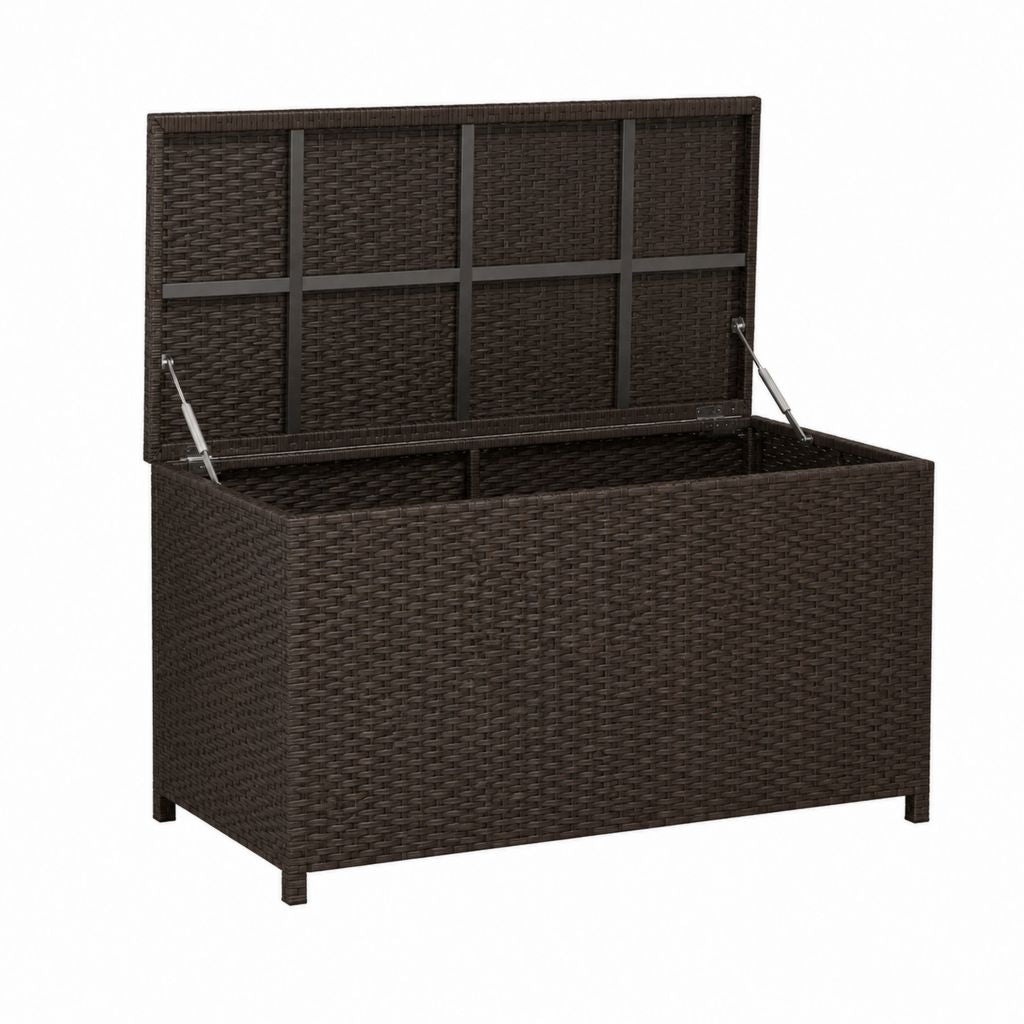 Garten-Aufbewahrungsbox Dunkelbraun PE-Rattan Rechteckig 150 x 50 x 60 cm 370 L mit Gasdruckfedern